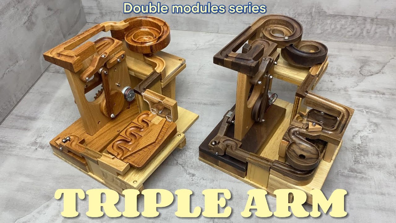 Wooden marble run with double modules: TRIPLE ARM