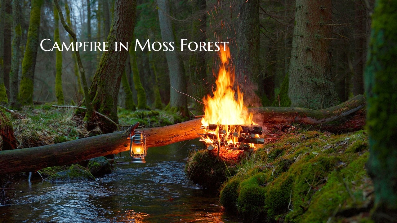 4K📺Костер в моховом лесу у ручья🌲Уютная атмосфера для глубокого расслабления