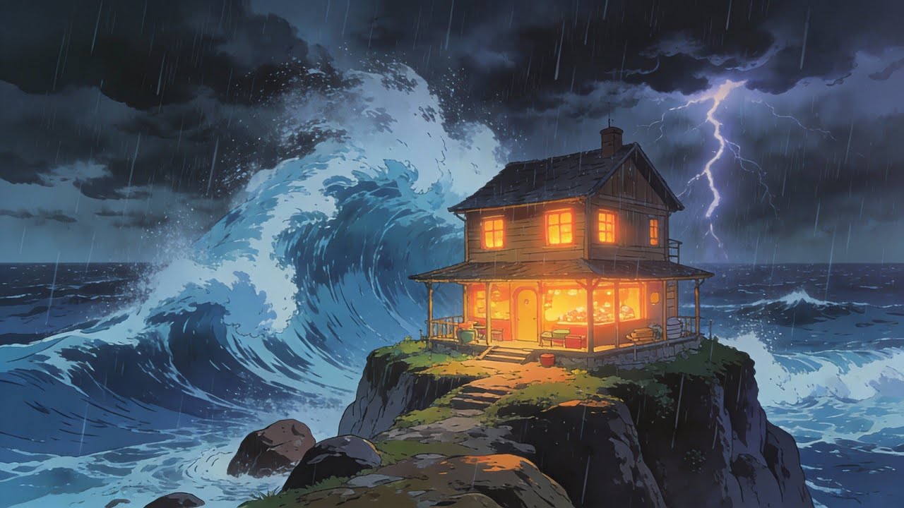 Escaping to a Stormy Island Cabin | Deep Sleep, Study, Relaxing Ambience (4K ASMR)