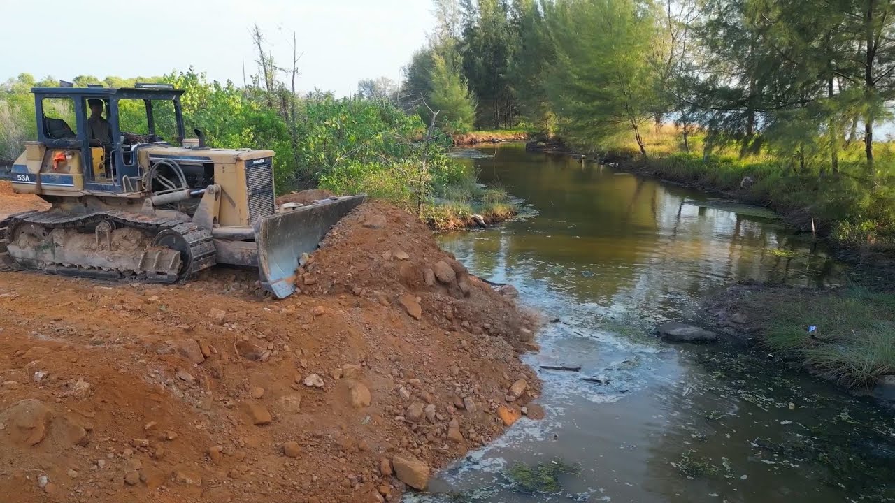 Mix! Impressive Strong Bulldozer Komatsu D53A & D31P Pushing Stone Into Water Building New Road