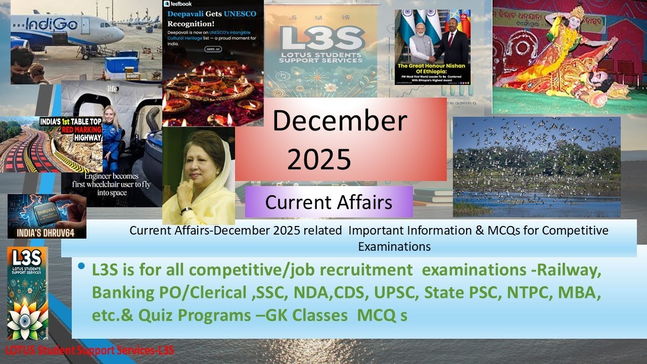 Monthly Current Affairs December 2025| 65 Important MCQs for Competitive & Entrance Examinations