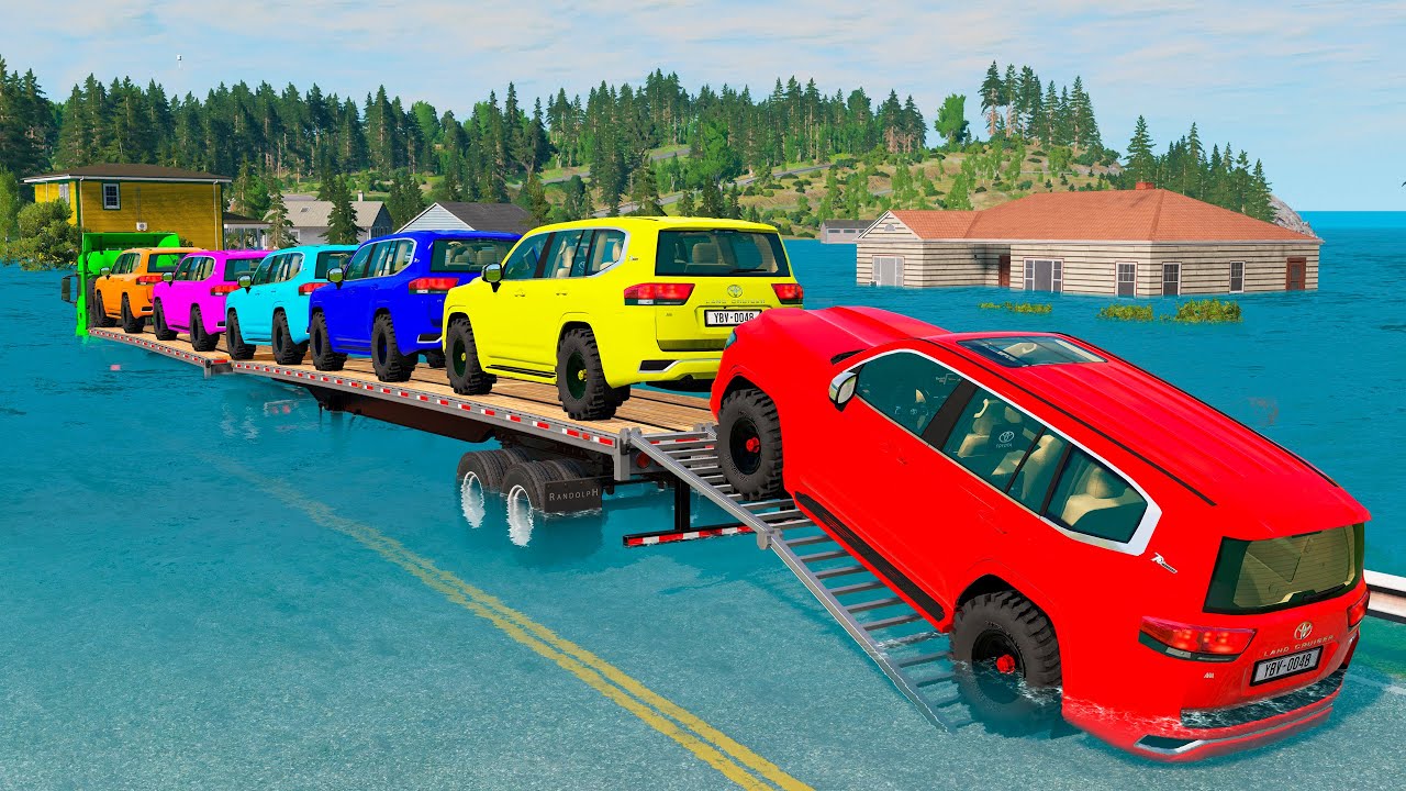 Triple Flatbed Trailer McQueen Transportation with Truck - Speedbumps vs Cars vs Train - BeamNG #260