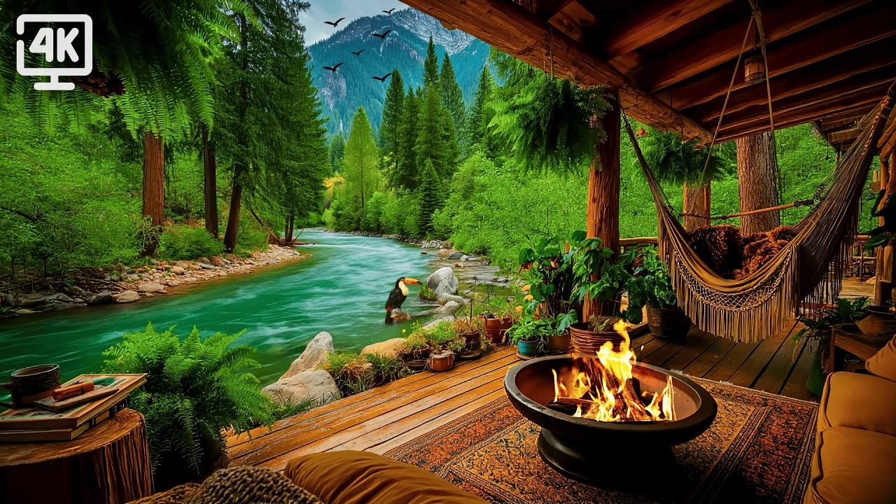 Cozy Riverside Porch Ambience 🌿🔥 | Campfire Sounds, Birdsong & Spring River 4k
