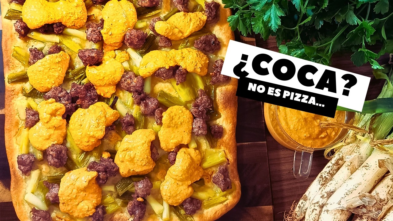Coca de calçots con romesco y longaniza. Coca tradicional 🥧