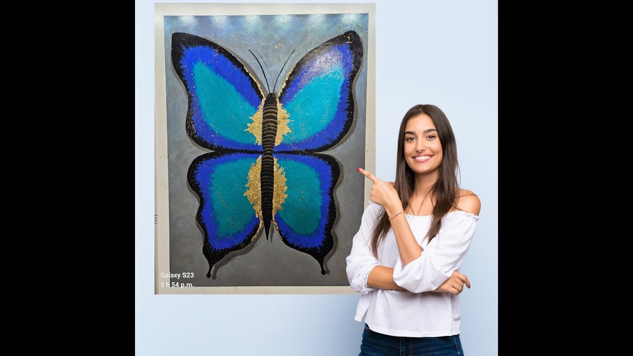 (332)  Butterfly Painting with Gold leafs