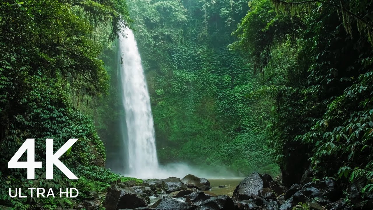 8 Hours of Beautiful Nungnung Waterfall in Indonesia for Relieving Stress and Relaxation