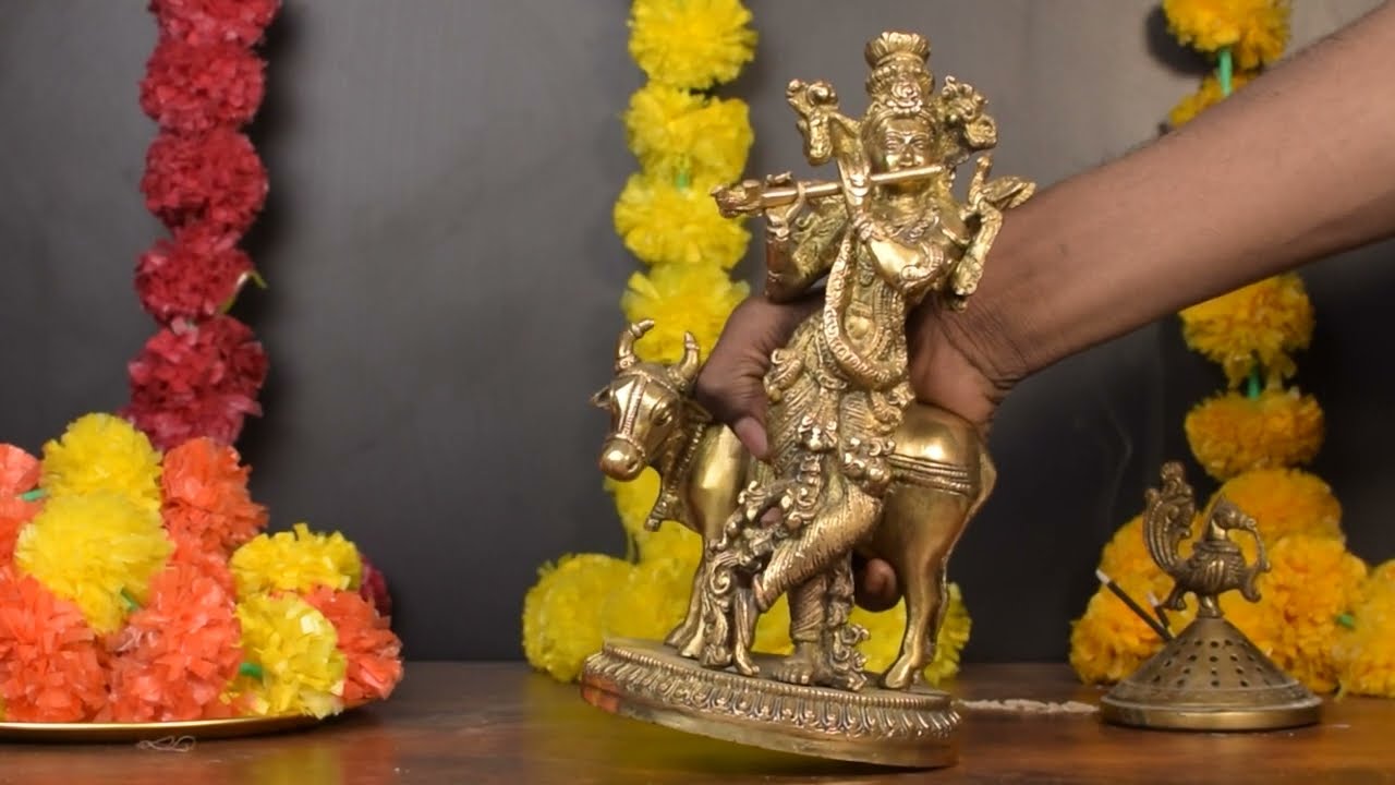 Brass Krishna Statue with Cow 10