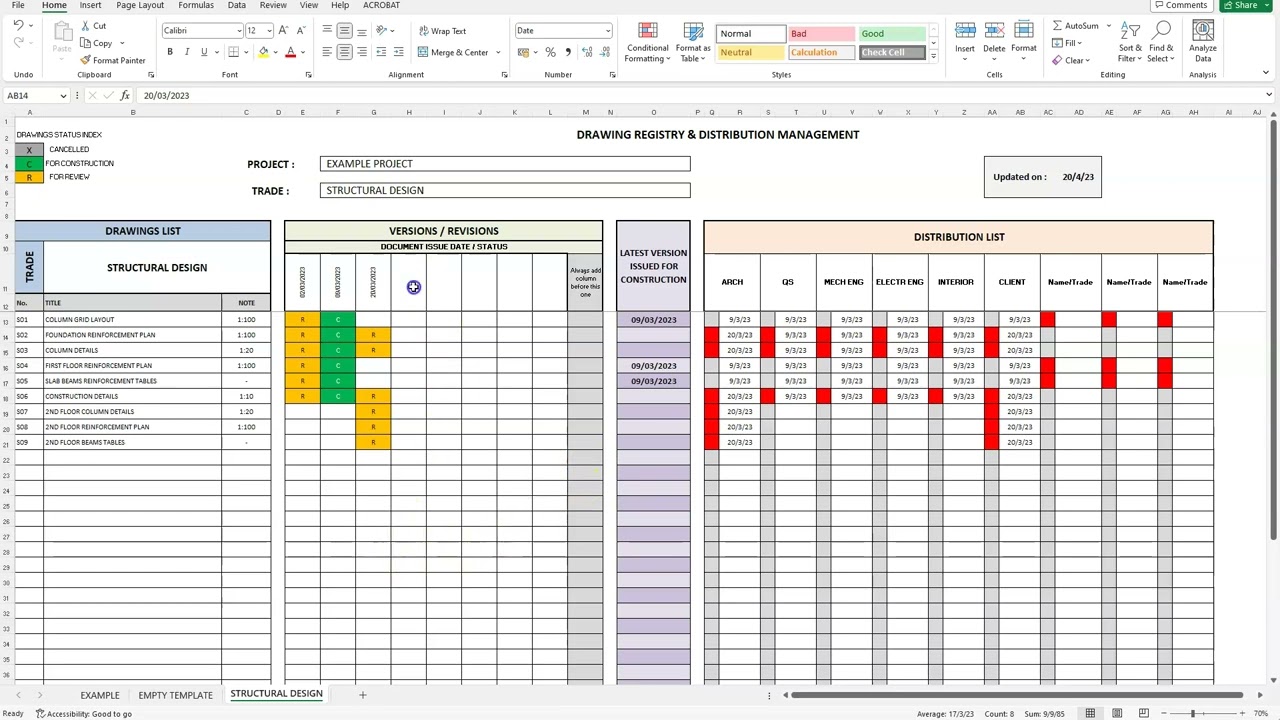 Tutorial - Drawing Registry and Distribution Management Excel Template - Example Project