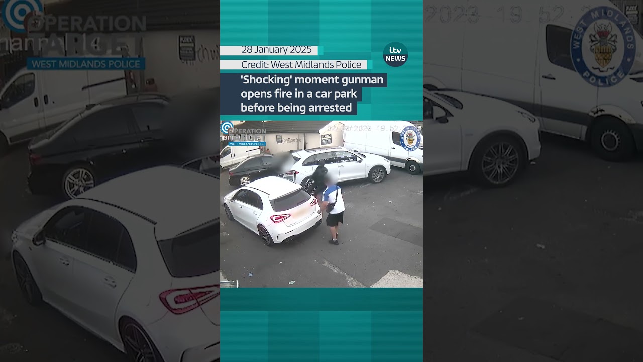 'Shocking' moment gunman opens fire in a car park before being arrested.