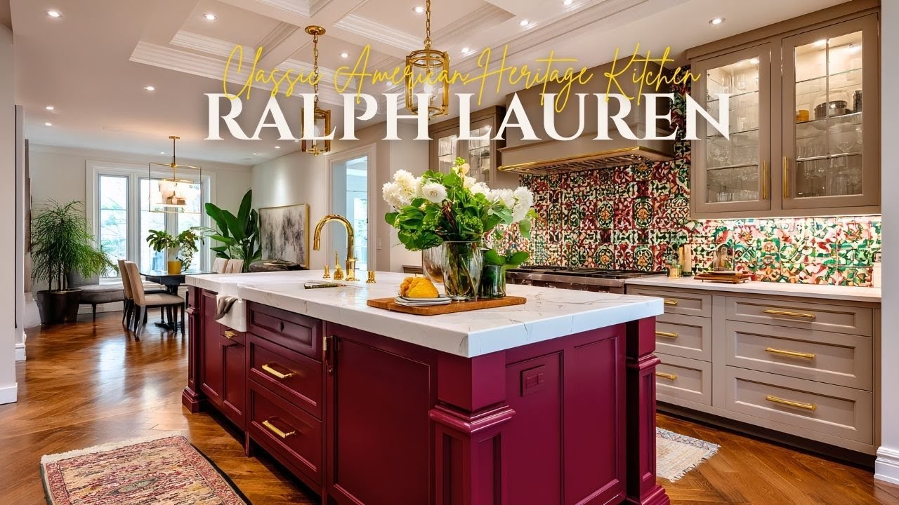 Classic American Heritage Kitchen Inspired by Ralph Lauren  Warm Taupe & Deep Burgundy Flair