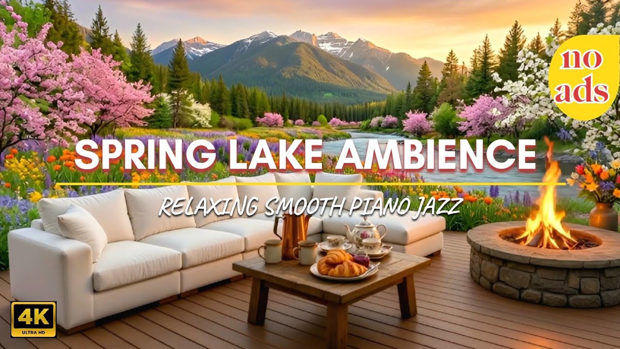 4k Spring lake Mountain Ambience 🌸 Smooth Piano Jazz for Relax (no ads midroll) #jazzforrelax