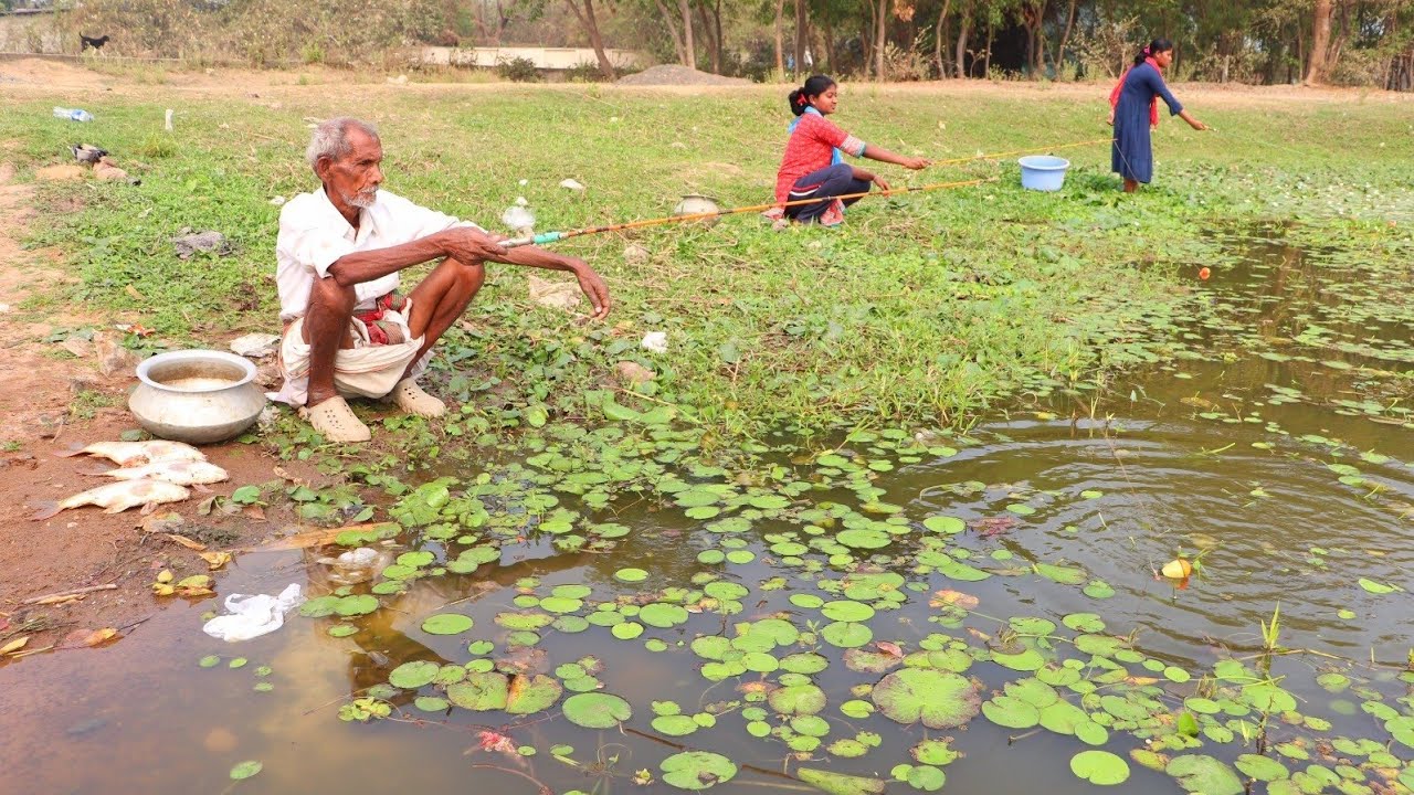 Fishing Video || Grandfather is trying to teach the village girls fishing techniques || Hook fishing
