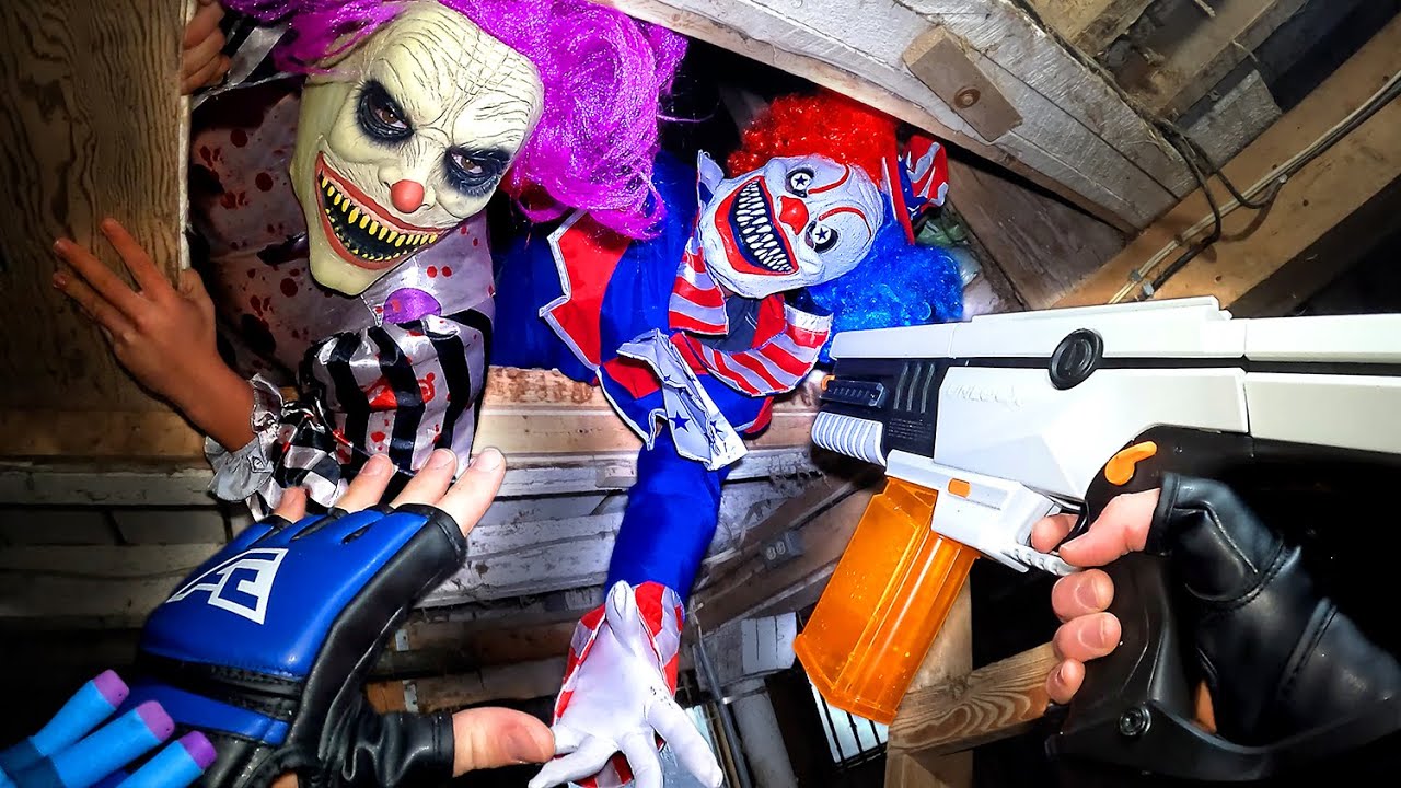 WE FOUND THE STOLEN NERF GUN ARSENAL! And a Killer Clown Lair...
