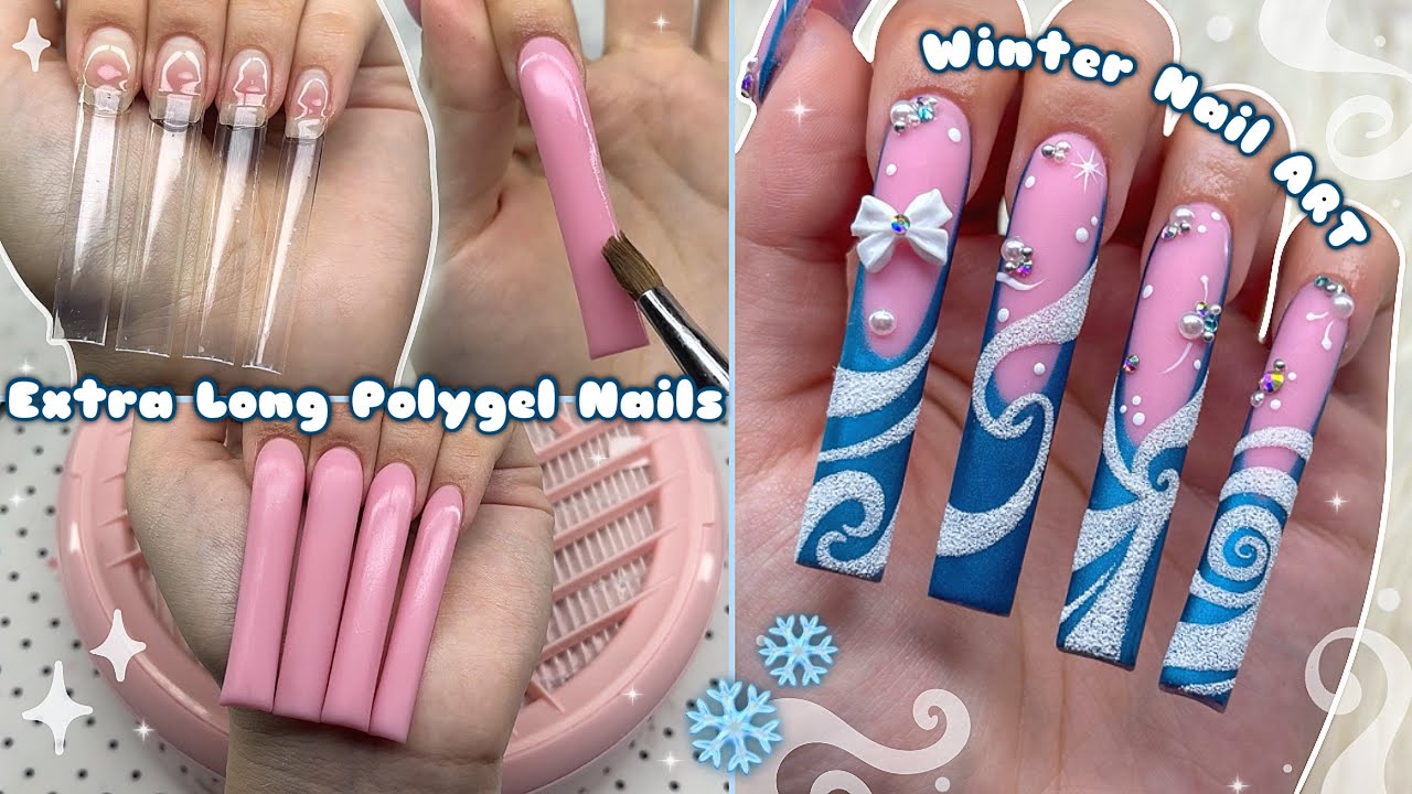 BLUE WINTER WONDERLAND POLYGEL NAILS❄️ EXTRA LONG POLYGEL NAILS & WINTER NAIL ART | Nail Tutorial