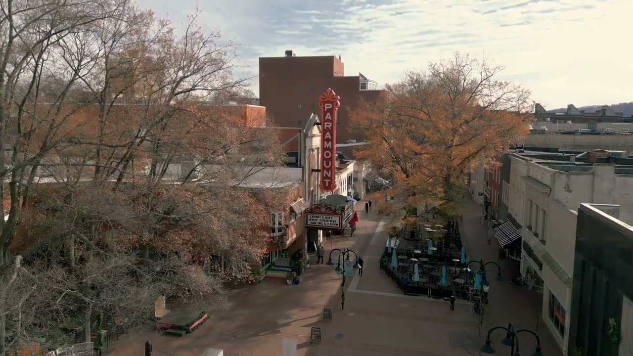 Charlottesville Va Daytime 4k Drone Footage, Downtown Mall,  Paramount Theater, Ting Pavilion