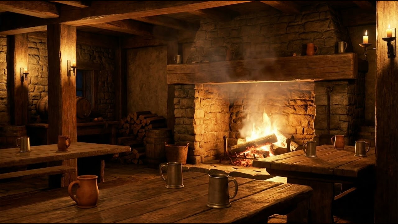 🔥 Ale by Firelight — 1 Hour Medieval Tavern Ambience | Cozy Hearth, Crackling Flames, Rustic Calm