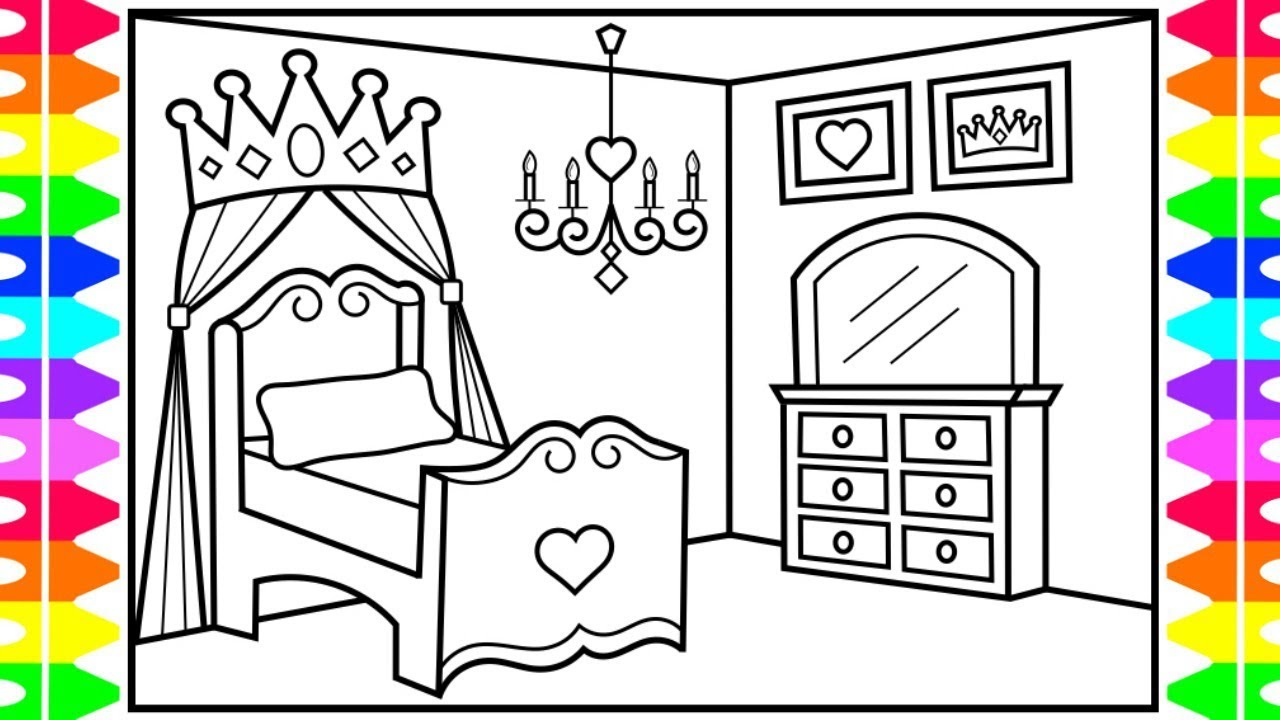 How to Draw a Princess Bedroom for Kids 👑💖💜💚Princess Bedroom Drawing and Coloring Pages for Kids