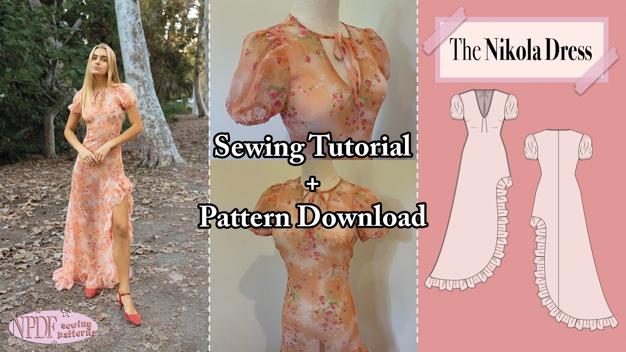 Nikola Dress Sewing Tutorial | Puff Sleeve High Slit Ruffle Gown | Sew Along for Beginners