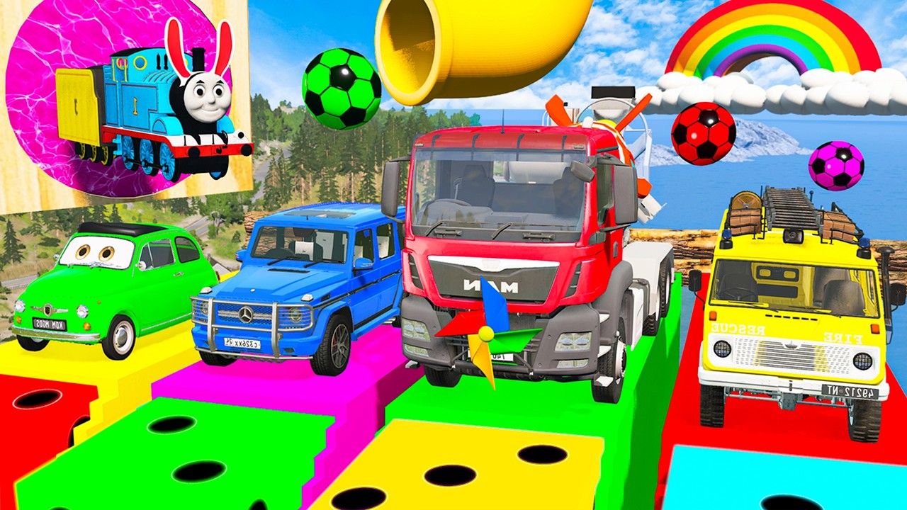 Funny Cars vs Monster Truck Rescue Flatbed Trailer &ndash; Slide Color vs Deep Water | BeamNG Drive