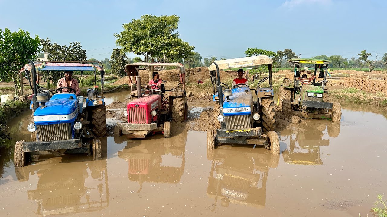 4 Tractors Jump in Deep Mud | Sonalika Di-35 | Mahindra 575 | John Deere | Swaraj 735 FE 