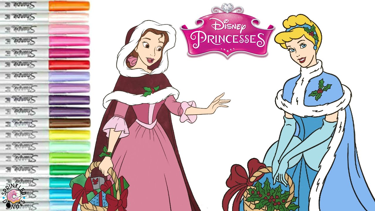 Disney Princess Coloring Book Pages Christmas Outfits Belle and Cinderella