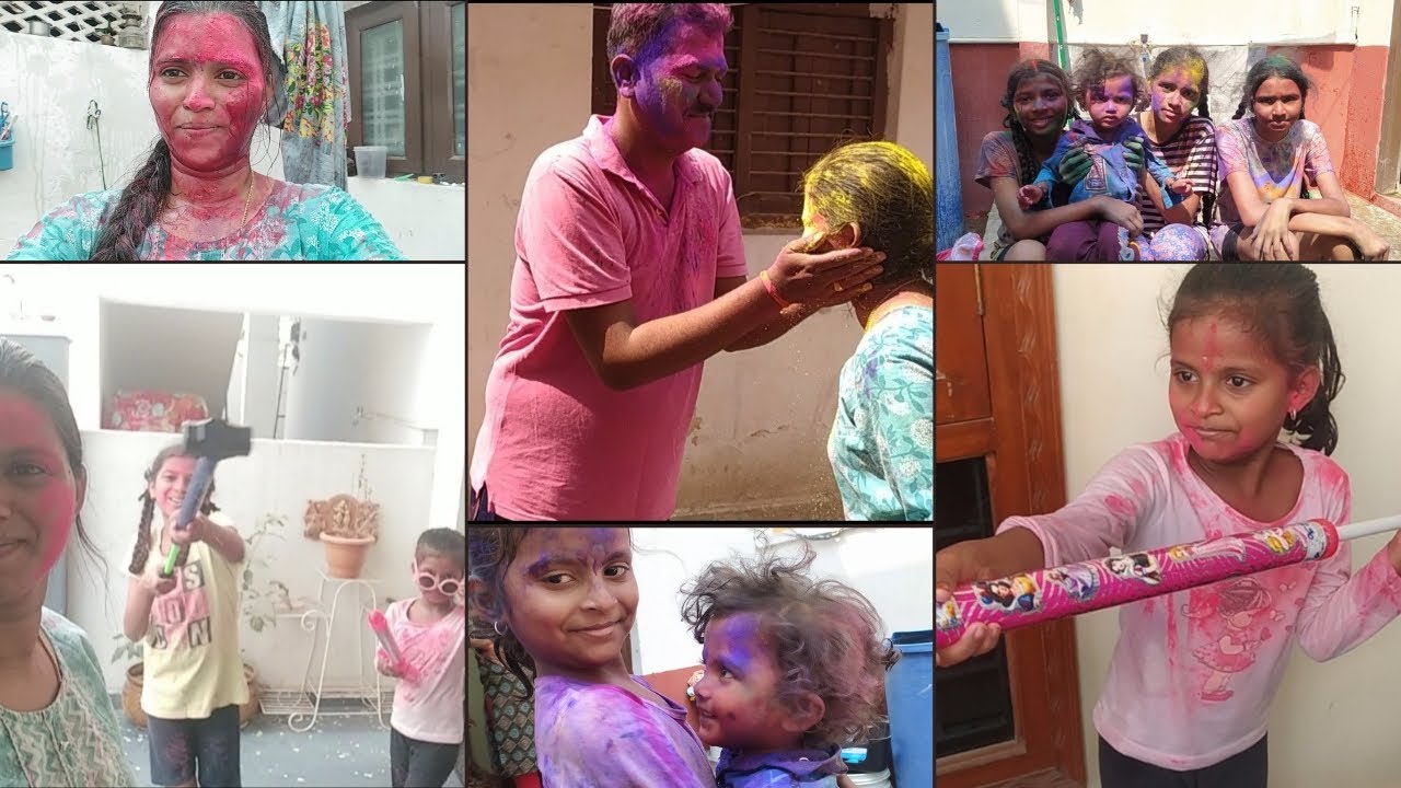 Holi ki ma pillalu ela enjoy chesaru chudandi😂😂|| holi celebrations || papam ma akka 😱||