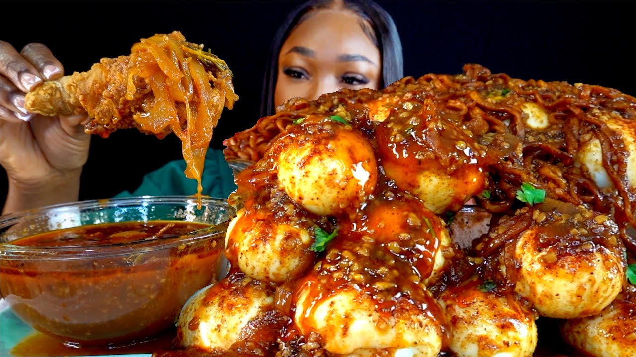 SPICY CAJUN BOILED EGGS MUKBANG|  ASMR FRIED CHICKEN MUKBANG  SPICY SAMYANG NOODLES MUKBANG|
