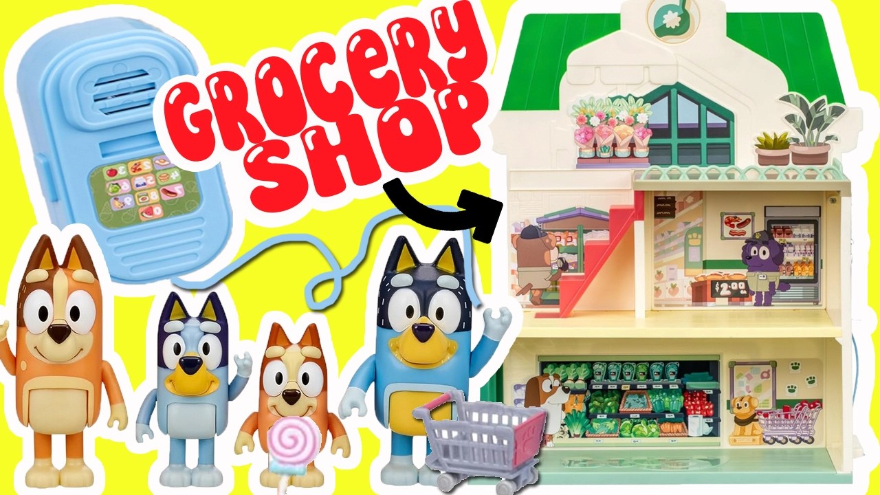 Bluey and Bingo Go Grocery Shopping at Store with Dolls! Pretend Play