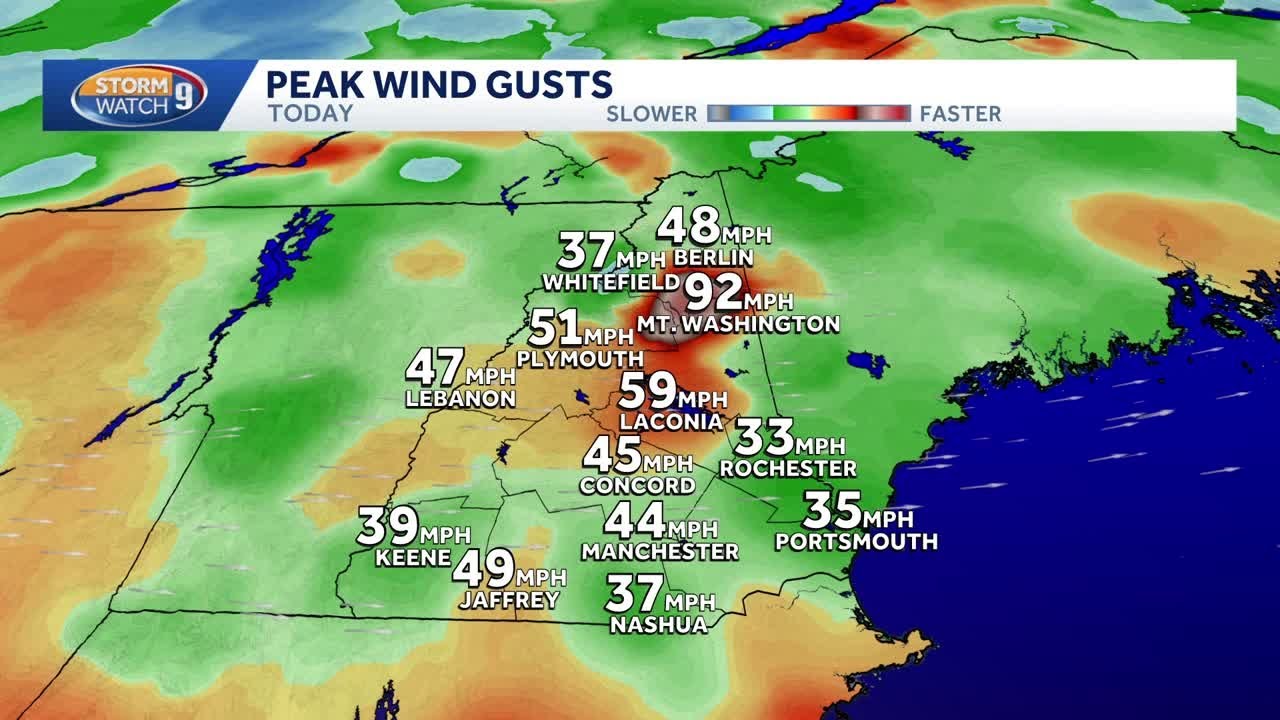 Peak wind gusts in New Hampshire above 40 mph in many spots