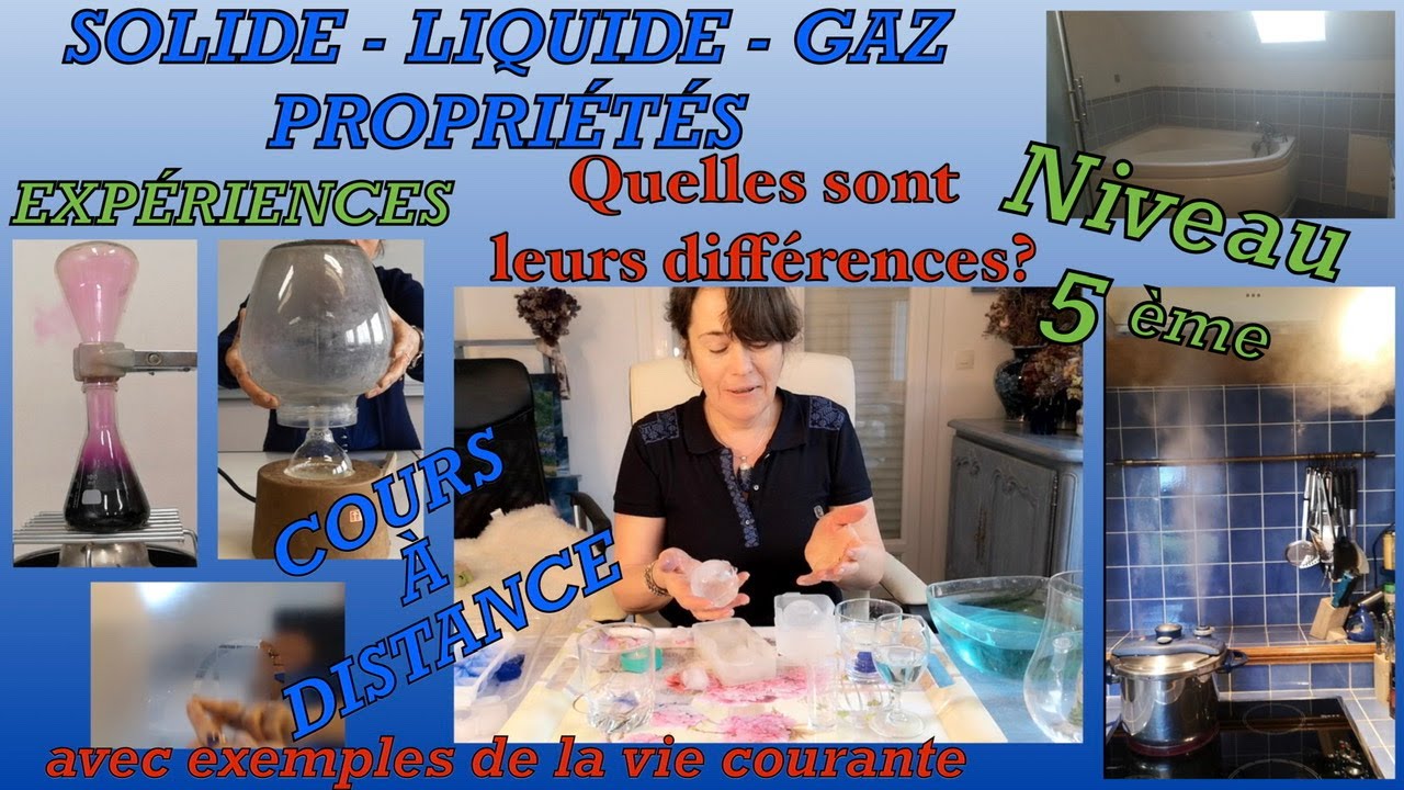 Propriétés des 3 états de la matière: solide, liquide et gaz. Cours niveau 6ème et 5ème.Expériences.