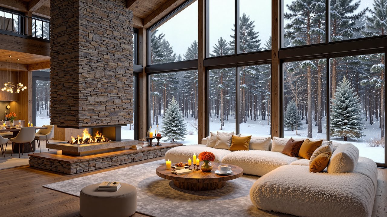 Winter Jazz Retreat ❄️ Soft Fireplace Glow & Snowfall Cabin Ambience for Deep Relaxation