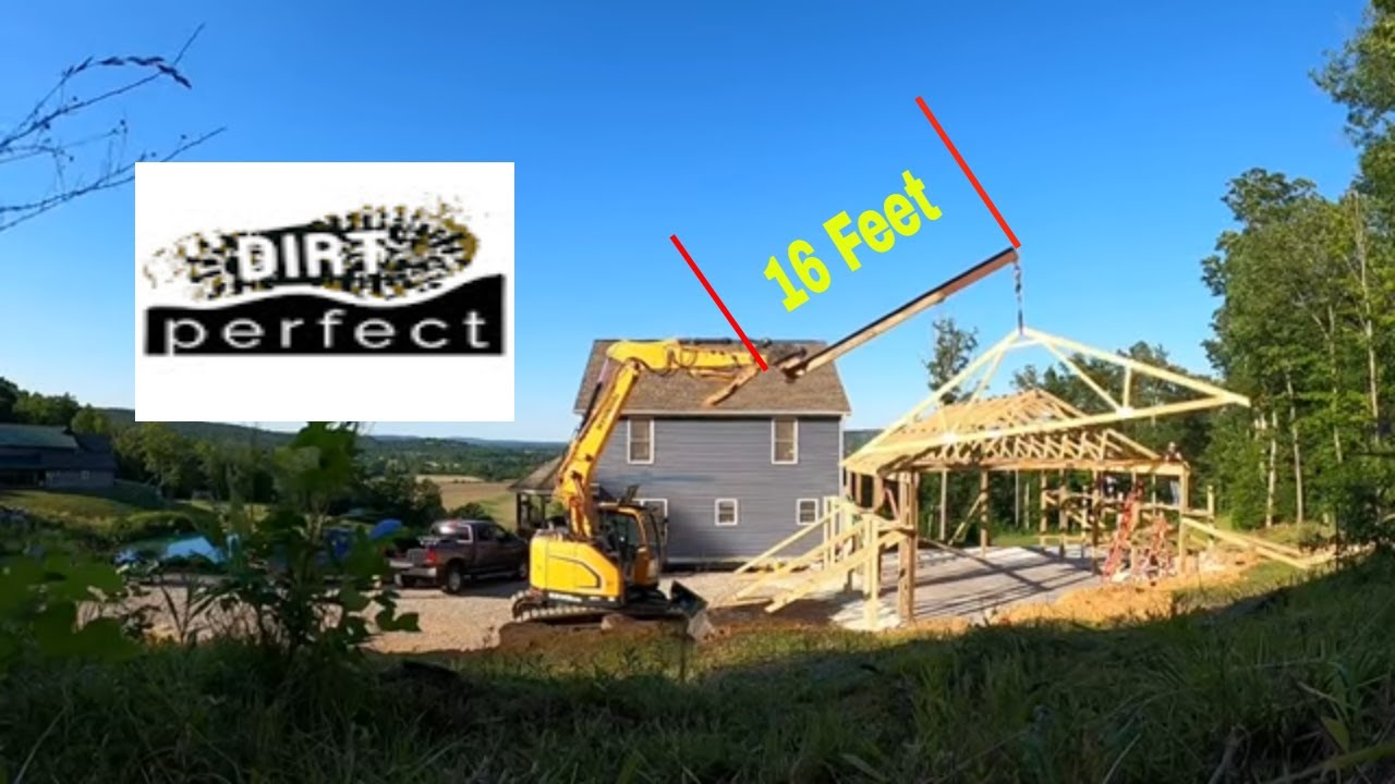 Setting trusses with a excavator and 16 foot jib pole # Hyundaiequimmemt