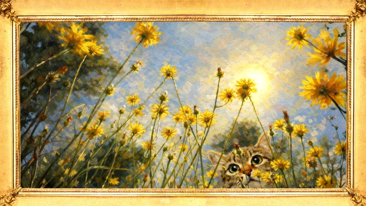 Wide-eyed cat in sunlit flower field | Frame TV Art 4K Screensaver  Oil Painting Impressionism Art