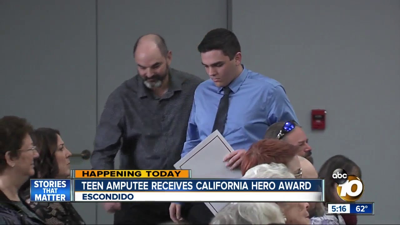 Teen amputee receives California hero award