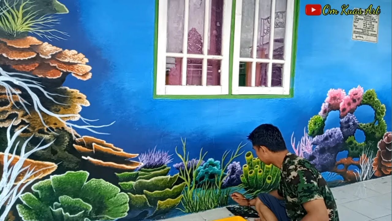Wall painting‼️Melukis Pemandangan Bawah laut di Dinding Sekolah‼️ Acrylic Painting.199