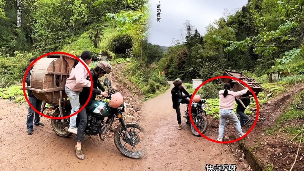 A young man on a motorcycle helped villagers transport an