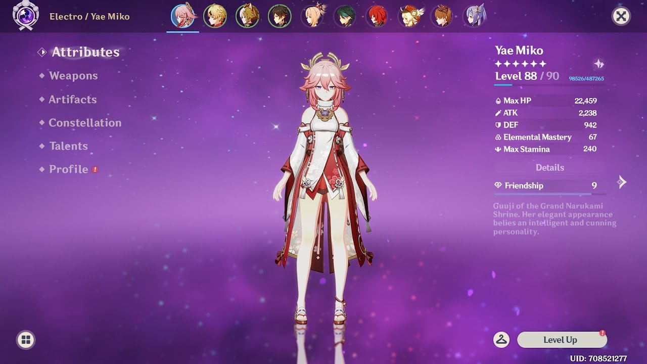 Yae Miko Gameplay - Idle, Elemental Skill and Burst and Detailed stats