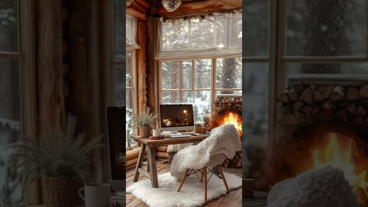 Cozy Winter Workspace: Working by the Fireplace 🔥❄️✨