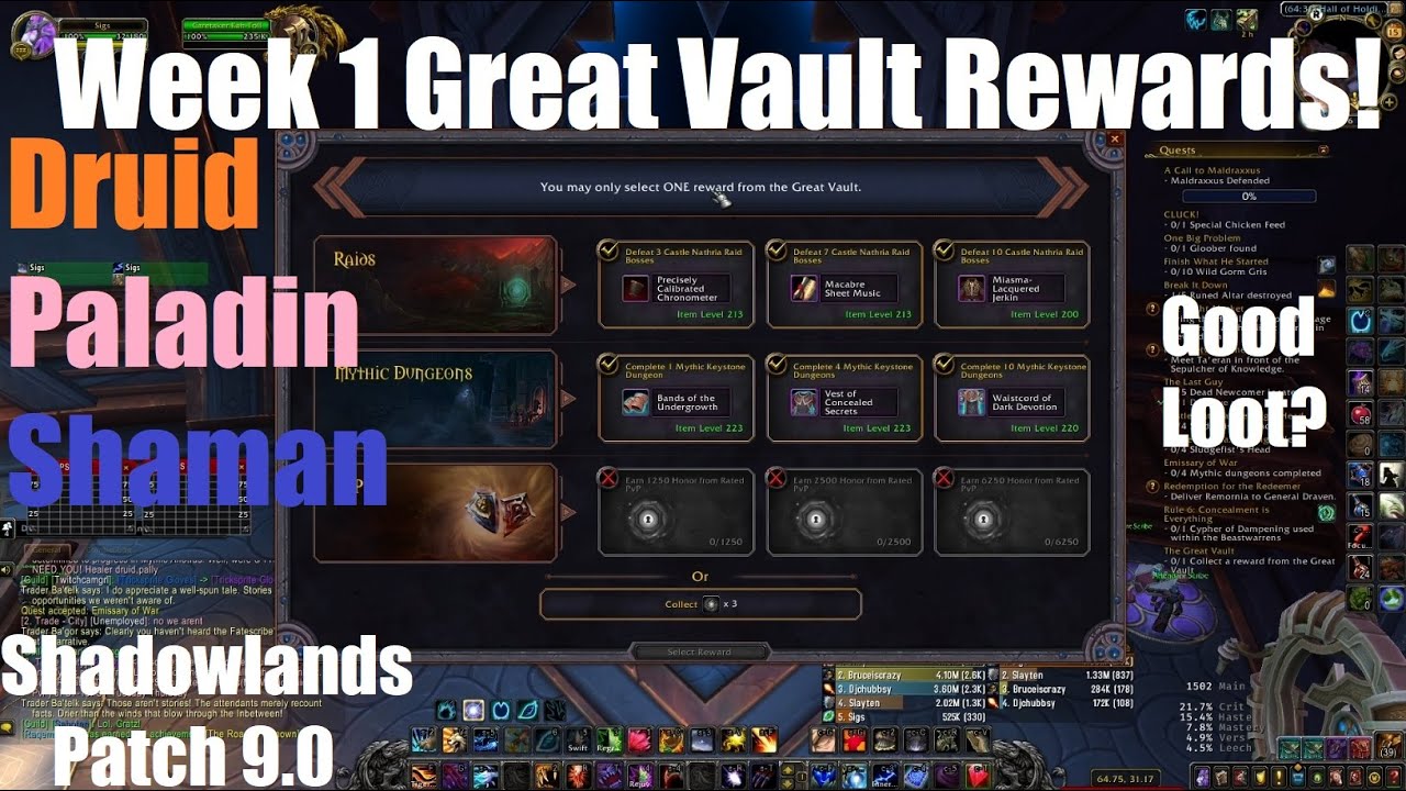 Week 1 Great Vault Rewards On All My Toons! - Druid, Paladin, Shaman - World of Warcraft Shadowlands
