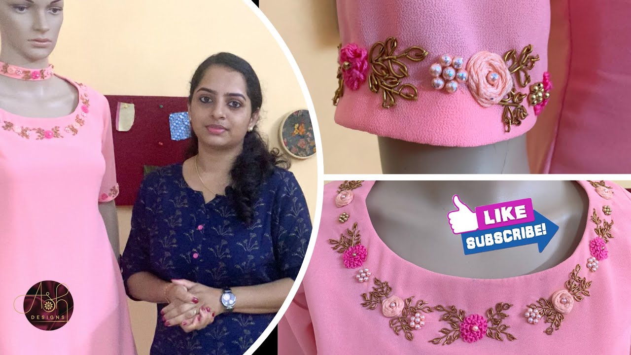 Hand Embroidery: Neck Design for kurtha # Georgette # zardosi leaf # Ring knot flower#Woven rose