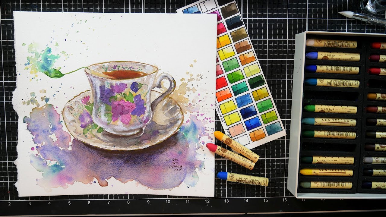 Sassy Splashy Teacup (Watercolor with oil pastel accents Sketchbook Sunday)