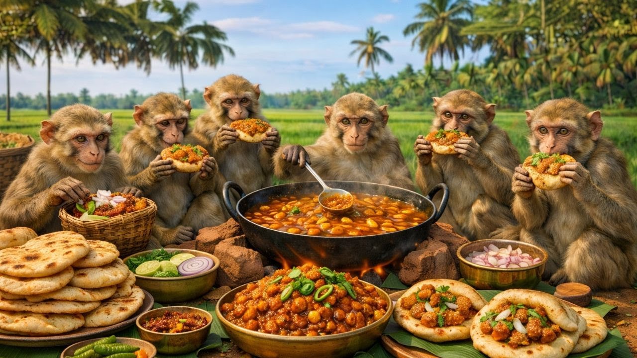 बंदरों ने बनाई देसी छोले कुलचे 🔥  Monkeys Made Desi Chole Kulche