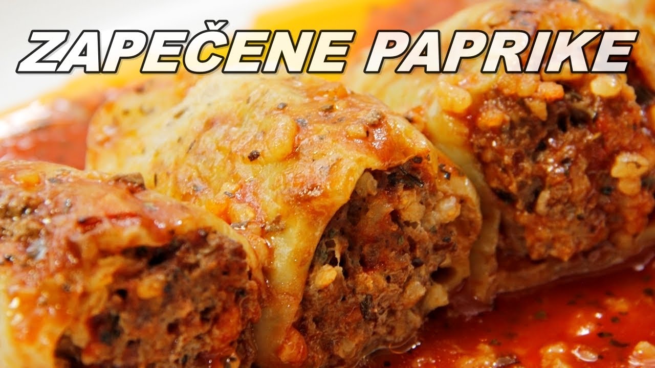 Paprike sa mesom i rižom zapečene u rerni. Punjene paprike recept.