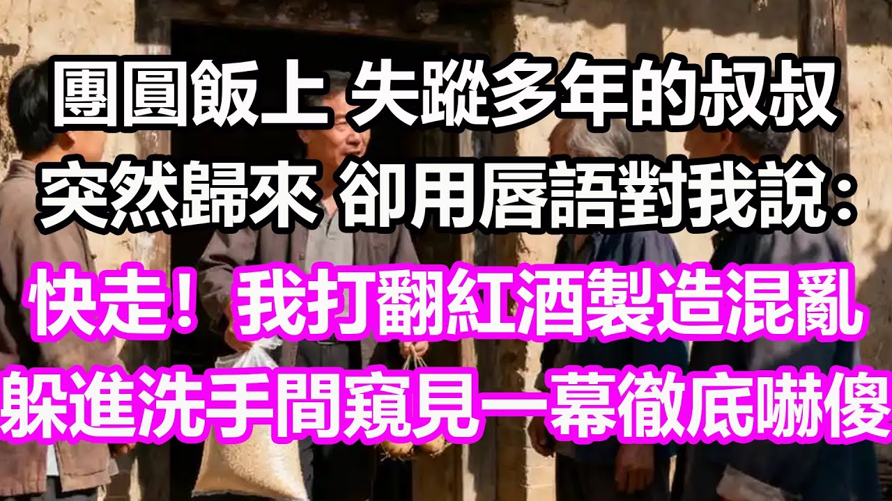 團圓飯上，失蹤多年的叔叔突然歸來，卻用唇語對我說：快走！我打翻紅酒製造混亂，躲進洗手間窺見一幕徹底嚇傻，竟然...#淺談人生#民間故事#孝顺#儿女#讀書#養生#深夜淺讀#情感故事#房产#晚年哲理