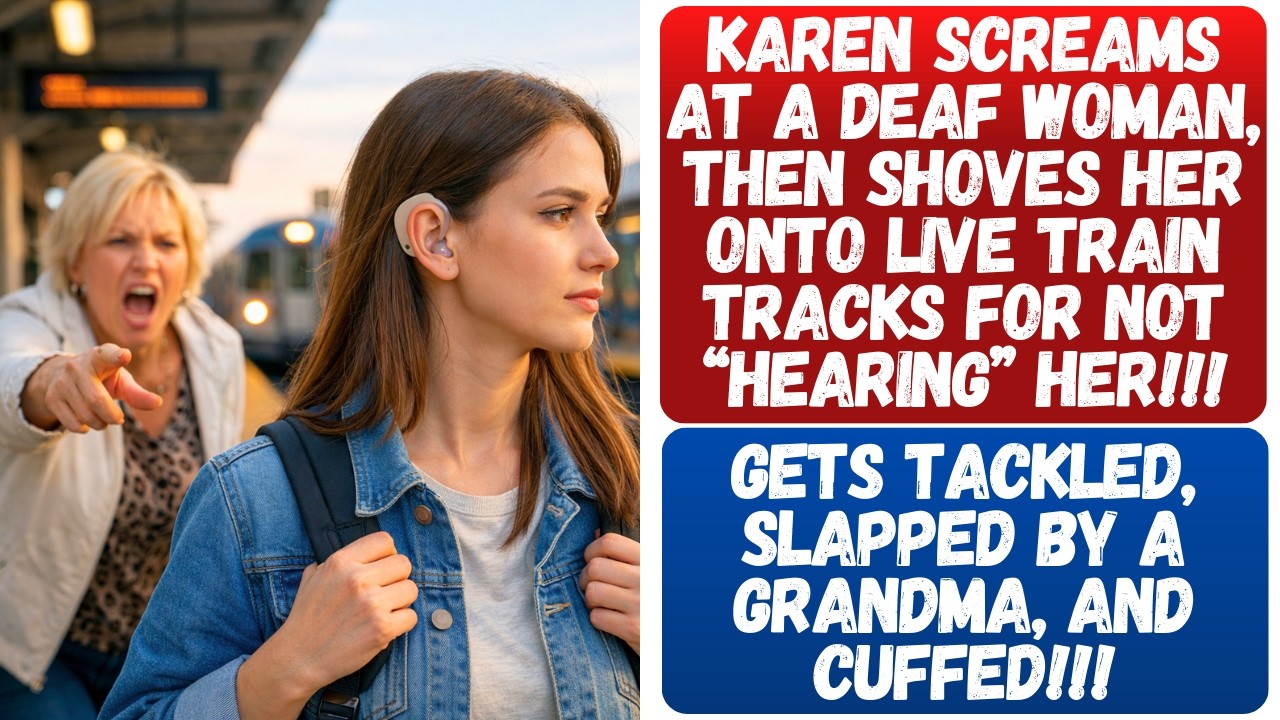 KAREN SCREAMS AT A DEAF WOMAN, THEN SHOVES HER ONTO LIVE TRAIN TRACKS FOR NOT “HEARING” HER!!!