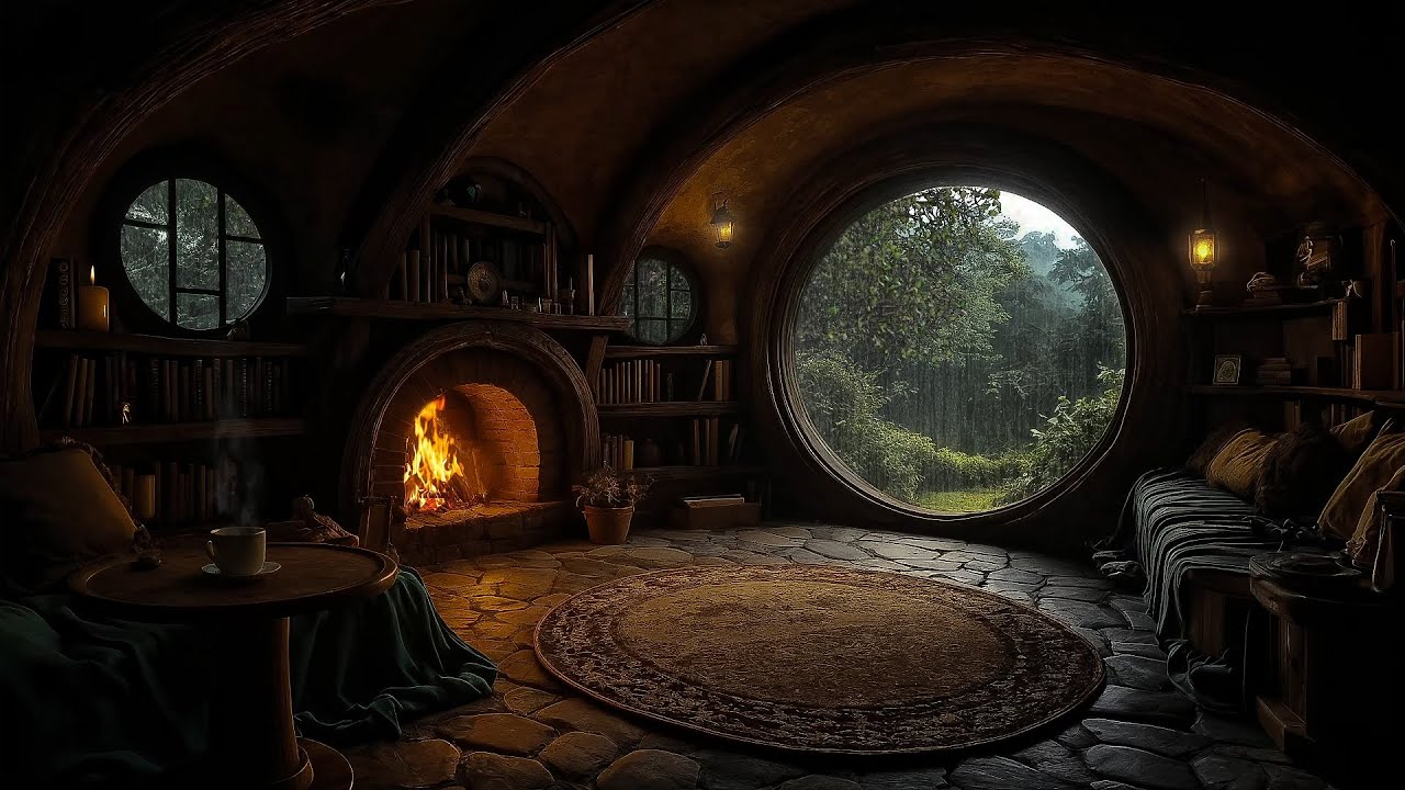Escape Into a Hobbit Hideaway💤💧 — Rainstorm & Warm Fireplace for Stress Relief & Deep Relaxation