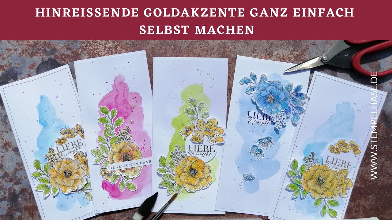 Hinreißende GOLDAKZENTE ganz einfach selbst basteln, Slimeline-Karte Landhausrosen  Aquarelltechnik