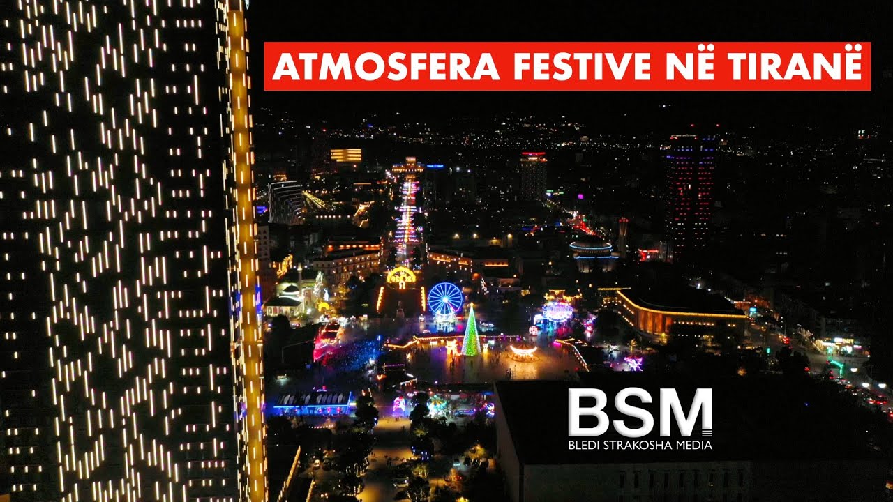 Atmosfera festive në Sheshin Skënderbej - Gëzuar Vitin e Ri 2026 | Tirana, Albania [4K Drone Video]