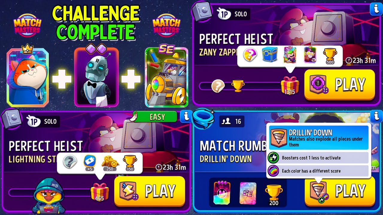 Zany Zappers Perfect Heist 1315p/ Lightning Strike Perfect Heist 465p/ 16 player Rumble Drillin Down