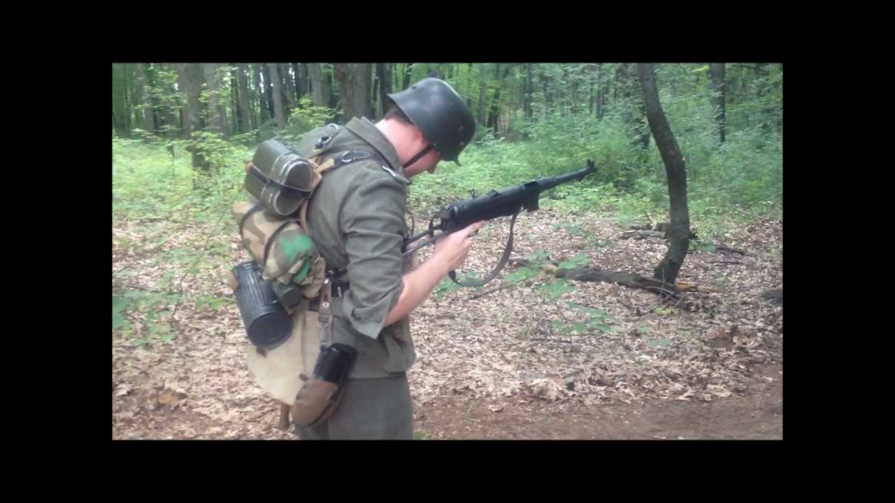 [HD] WWII German Soldier Firing MP40 Full Auto Shoot - WWII Re-enactor Living History